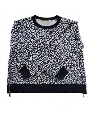 MICHAEL Michael Kors Black White Leopard Logo Zipper Oversized Sweatshirt M Moto